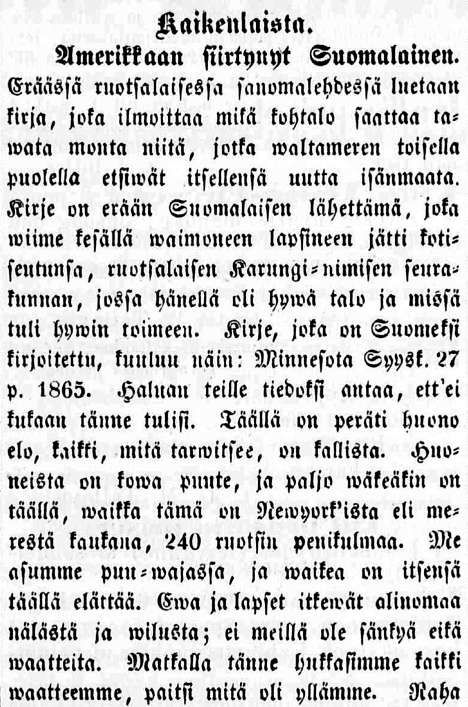 1 Sanomia Tampereelta N:o 14 3.4.1866 Kaikenlaista. Amerikkaan siirtynyt Suomalainen.