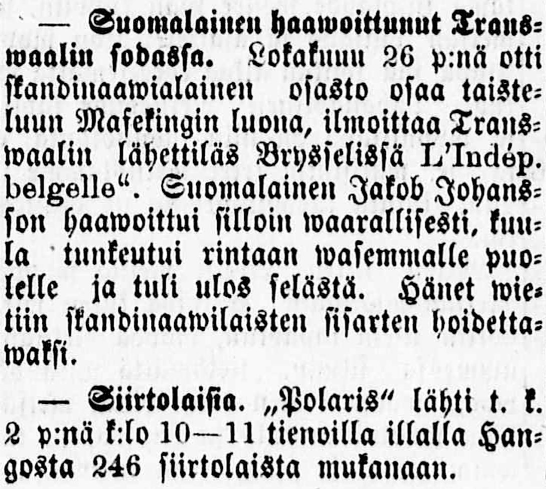 Kirje Suomesta Sidneyhin wiipyy 40 päiwää, mutta miehet oliwat wiipyneet matkallaan 5 kuukautta, kun oliwat samalla olleet laiwoissa työmiehiä. T.U. Satakunta N:o 105. 3.9.