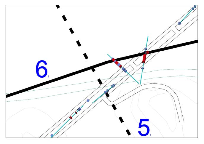 Geologian tutkimuskeskus 13 Kuva 7. Länsimetron kallionäytekairauksia vaalean sinisellä, punainen väri kuvastaa kalliolaatua RiIV, sininen RiIII. Reikien pituudet n. 100 m.