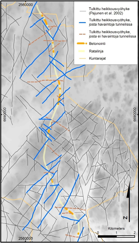 Geologian tutkimuskeskus 5 Kuva 2. Tunnelin kohdalle osuneet heikkousvyöhyketulkinnat (Pajunen ja muut 2002 a,b) luokiteltuna sen mukaan, oliko tunnelista SZ/Ri-havaintoja vai ei.