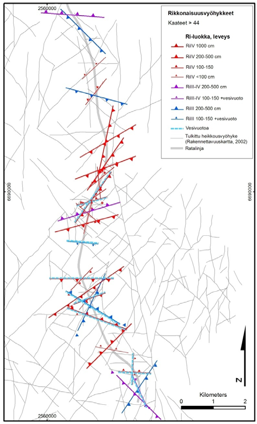Geologian tutkimuskeskus 6 Kuva 3. Tunnelissa todetut RiIII IV-luokitellut rikkonaisuusvyöhykkeet havainnollistettuna kartalla, jossa pohjana heikkousvyöhyketulkinta (Pajunen ja muut 2002b).