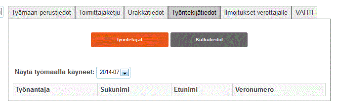 Työmaarekisteri 15 Työntekijätietojen kuukausittainen koontilistaus näkyy välilehdellä Työntekijät. Työntekijät-vällehti. 10.