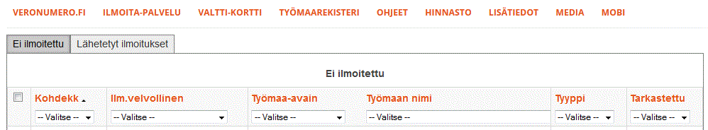 Työmaarekisteri 17 Työmaarekisterin kautta onnistuneesti lähetetyt raportit voi tarkistaa Verohallinnon Ilmoitin.fi-palvelusta. 10.1. Massaraportointi Massaraportoinnin avulla käyttäjä voi raportoida kaikki ne työmaat, johon hänet on luvitettu.