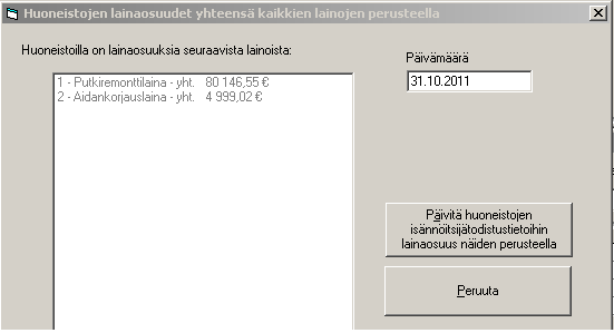 Asteri Isännöinti KÄYTTÖOHJEET 163/235 13.3 LAINAN AJANTASAISTAMINEN JA POISTAMINEN Aiemmin luodun lainan voit päivittää ajan tasalle valinnalla Tiedosto Lainaosuuslaskelma Avaa vanha laina.