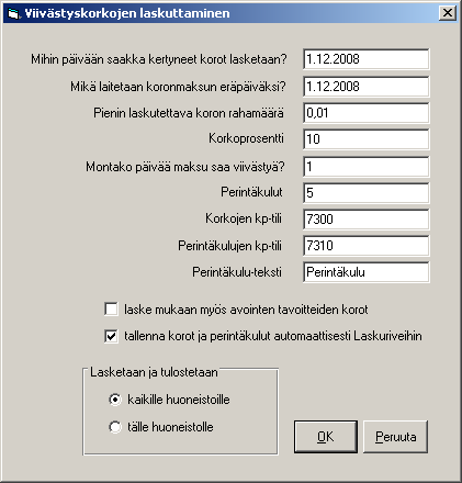 Asteri Isännöinti KÄYTTÖOHJEET 77/235 7.6 KORKOLASKUT Tulosta Korkolaskut -toiminnolla saat tulostettua yhdelle tai usealle huoneistolle laskut viivästyskoroista.