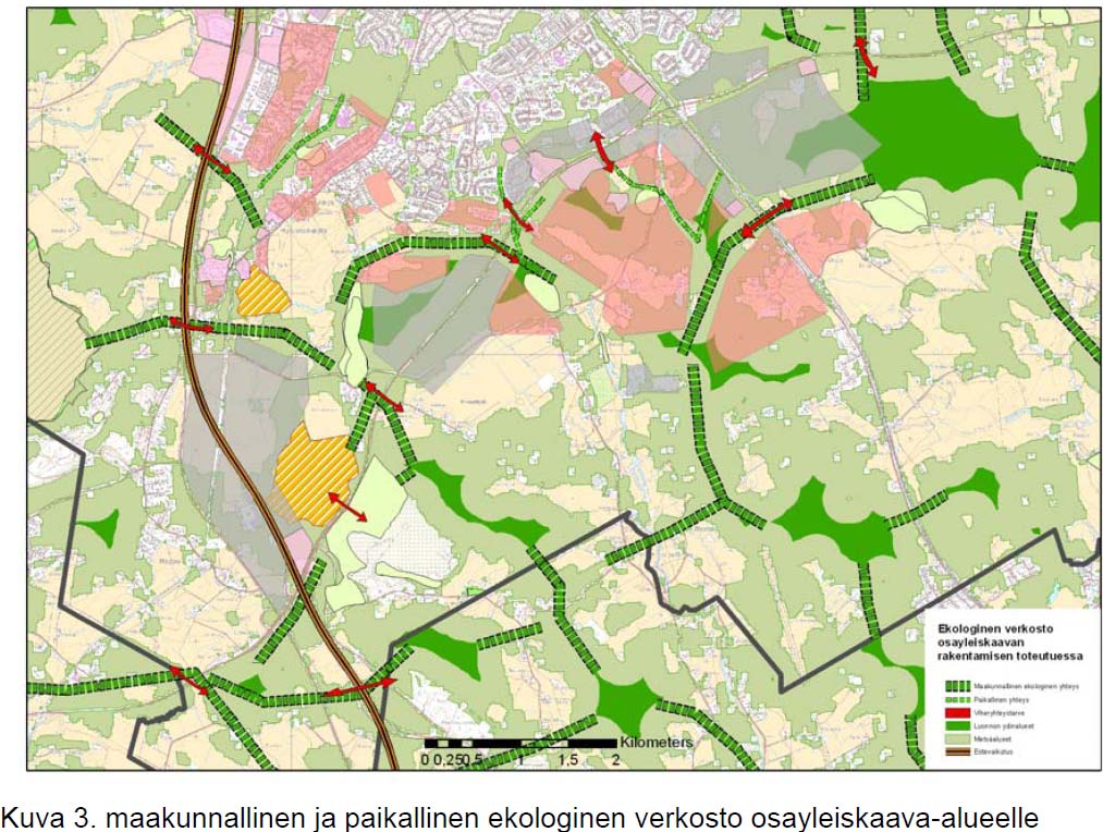 Ekologinen verkosto muodostuu luonnon ydinalueista ja ekologisista yhteyksistä.