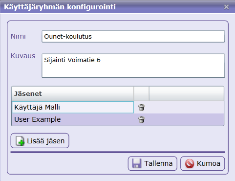 välilehdellä Muokkaa Valitse Lisää uusi ryhmä Anna ryhmälle nimi ja ryhmän kuvaus sekä valitse Lisää jäsen Klikkaa hiirellä henkilön nimen edessä olevaa laatikkoa ja valitse lopuksi Tallenna.