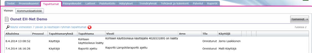 5.4 TAPAHTUMAT Hakutoiminto Silverlight -alustalla Hakutoiminto HTML-alustalla Tapahtumat -näkymästä näet kohteen tapahtumalokin.