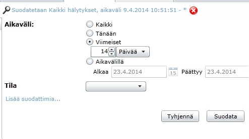 prosessitasoon Nimi/Pisteet: Hälytyksen nimi Laite: Laitteen nimi, mihin hälytys liittyy Positio: Hälytyksen positio Prioriteetti: Kertoo hälytyksen prioriteetin Tila: Normaali / Aktiivinen.