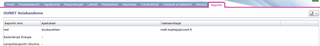 5.13 RAPORTIT Raportit -näkymästä näet kohteeseen luodut raportit. Näkymästä voit suorittaa raportin tai määrittää suoritus tehtäväksi automaattisesti.