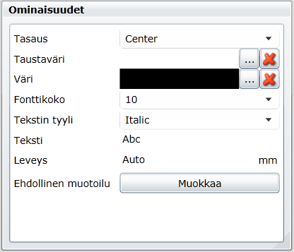 Raportin elementit ja piirtotoiminnot: Voit lisätä raporttiin tekstikenttiä, kuvia tai viivoja sekä lisätä muuttujia.