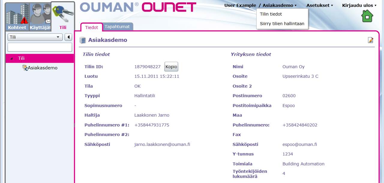 2.2 TILIN TIEDOT 1. Pääset tilinäkymään valitsemalla tilin nimen alta Tilin tiedot. 2. Jos sinulla on useita tilejä, valitse minkä tilin tietoja haluat tarkastella. 3.