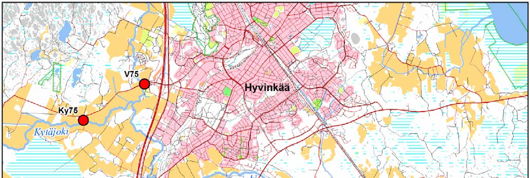 Kartta 3. Veden laadun tarkkailupaikkoja Hyvinkäällä. Taulukko 4.3. Tietoja Hyvinkään Kaltevan puhdistamon kuormitus- ja vesistötarkkailuista.