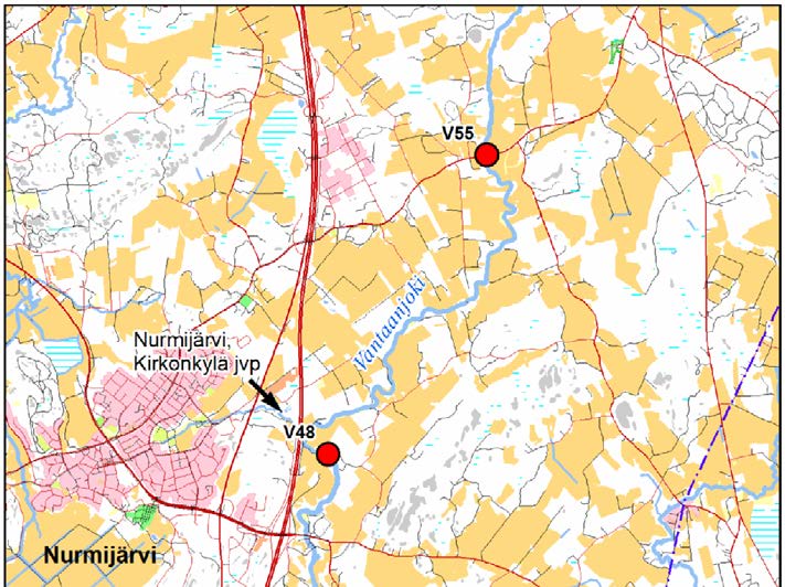 4.1.4. Nurmijärven kirkonkylän puhdistamo Kartta 4. Vedenlaadun tarkkailupaikat Vantaanjoen keskijuoksulla Nurmijärvellä.