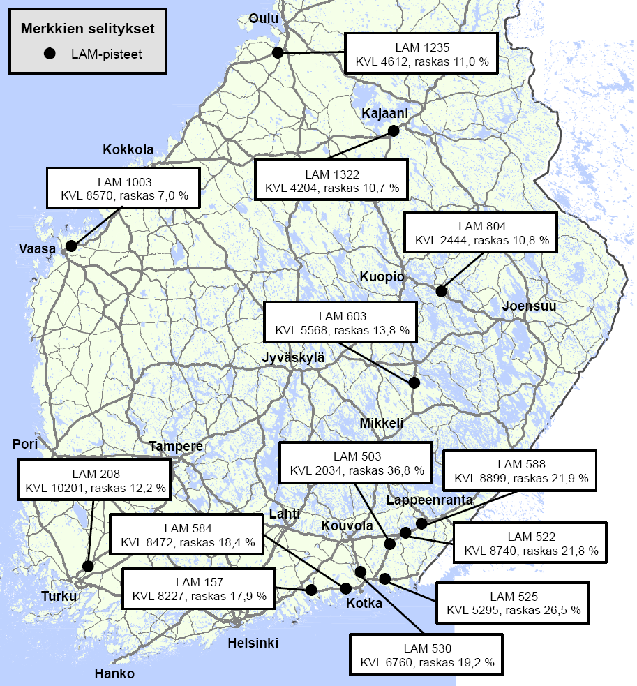 Raskaan liikenteen määrän vaikutus kaksikaistaisten teiden liikenteen TUTKIMUSAINEISTO JA KÄYTETYT MENETELMÄT 19 Kuva 2 Tarkastelussa olleet LAM-pisteet ja näiden sijainnit Tarkat työvaiheet,