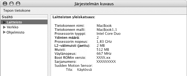 A Tekniset tiedot A Liite Yksityiskohtaisia tietoja MacBookista saat Järjestelmän kuvauksesta. Sieltä löydät muun muassa muistin määrän, kovalevyn koon, liitetyt laitteet ja tuotteen sarjanumeron.