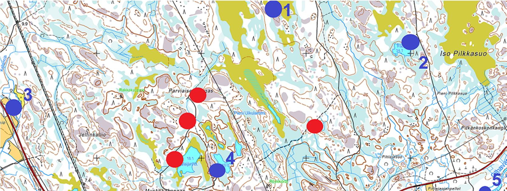 27 (52) 4.1.3 Maasto Kuva 10. Mallinnuksessa käytettyjen emissiopisteiden (punainen piste) ja immissiopisteiden (sininen piste) paikat maastokartalla.