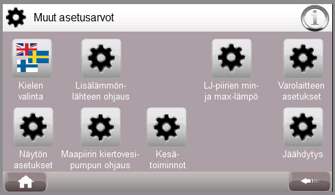 100% MAALÄMPÖ SUOMESTA KÄYTTÄJÄN OPAS 3.5.3.1. Kielivalinnat Tehdasasetukset lämmönjakopiirien osalta ovat: Kielivalinta-valikossa voidaan valita käyttöliittymän kieleksi suomi, ruotsi ja englanti.
