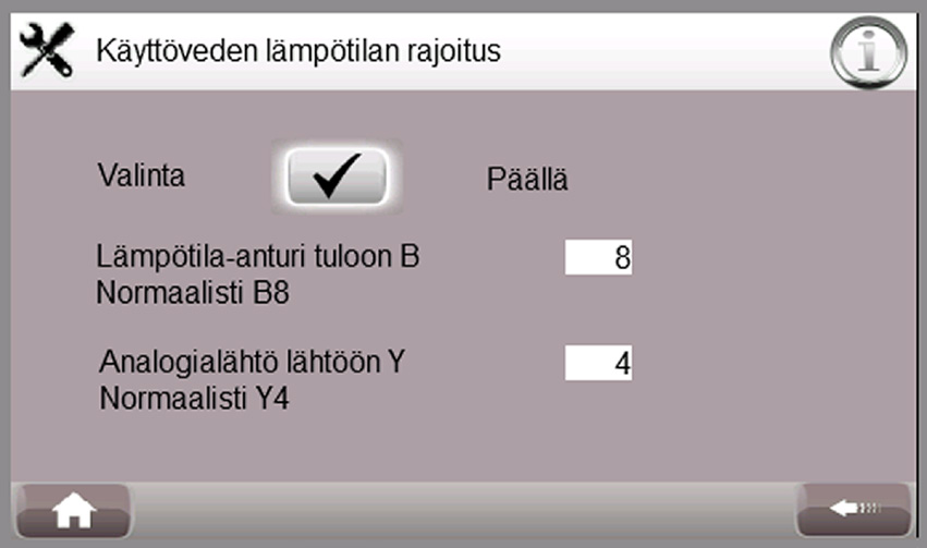 5.4.6. Asentoventtiilien asetukset Tällä sivulla määritetään lämmönjakopiireihin ja käyttöveden lämpötilarajoitukseen liittyvien asentoventtiilien asetukset.