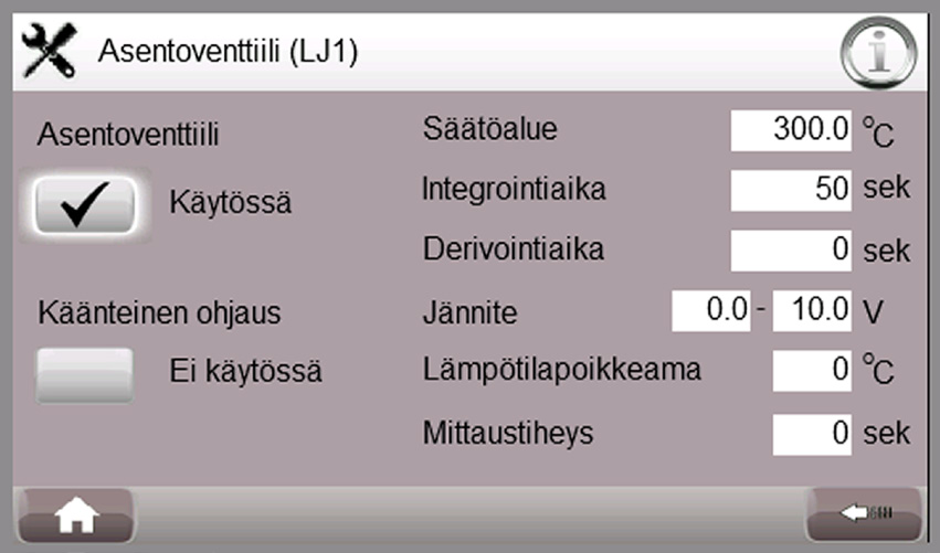 HUOLTO-OPAS Kaikille piireille voidaan tehdä seuraavat asetukset: Asetus Kuvaus Esimerkki Käänteinen ohjaus Asentoventtiilin säätösuunnan Off-asennossa jännitteen ollessa 0 V (on/off) vaihto säädin