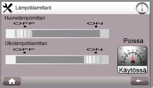 100% MAALÄMPÖ SUOMESTA HUOLTO-OPAS 5.4.9. Lämpötilamittarit 5.4.12. Tulistinventtiilin ohjaus Tällä sivulla valitaan käytössä olevat lämpötilamittarit. Tehdasasetuksena ulkolämpötilamittari käytössä.