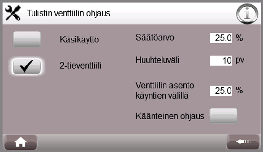 Venttiilin asento käyntien välillä kertoo venttiilin asetusarvon kompressorin ollessa sammuksissa. Huuhteluvälillä asetetaan venttiilin huuhtelujen välinen aika päivissä.