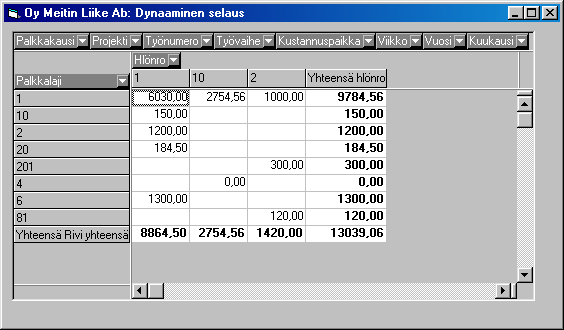 ja Kuukausi-kentät. Koska vertailu halutaan ilman aikaryhmittelyä, siirretään Vuosi- ja Kuukausikentät yläriville pois käytöstä.