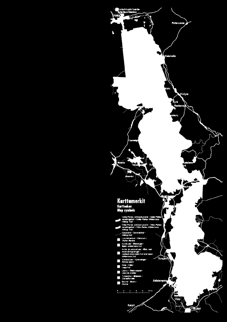 Vaeltaen vaaroilla ja tuntureilla Kansallispuistossa pääsee neljälle pitkälle vaellusreitille: Hetta - Pallas (55 km), Ylläs - Olos (54 km), Ylläs - Pallas (72 km) ja Ylläs - Levi (50 km).