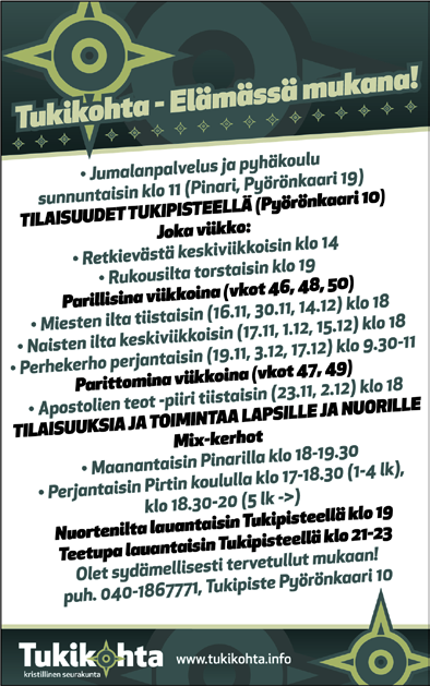 Petosen lehti 17.11. 2010 Kallaveden seurakunta Kallaveden kirkko Rauhalahdentie 21 Tuomiosunnuntain messu su 21.11. klo 10. Saarna Matti Turunen, liturgia Veli Mäntynen ja kanttorina Seppo Kirkinen.