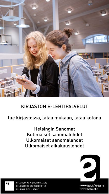 Mukana infonäytössä myös kirjaston e-palvelut, tässä esimerkkinä e-lehdet. Samaa ideaa voisi hyödyntää asiakaspalvelupisteessä pienemmällä infonäytöllä.