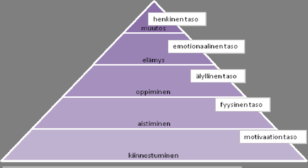 34 5. kontrasti 6. vuorovaikutus. (Tarssanen 2005, 8.) Elämyksen elementtien avulla asiakkaan kokemus etenee usean tason kautta muutoksen aiheuttavaan elämyskokemukseen saakka. Nämä tasot ovat 1.