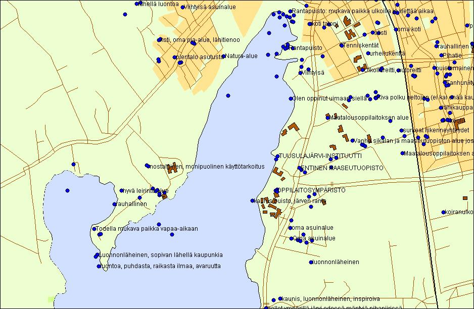 Positiivinen hot spot : Tuusulanjärven ranta Seuraavissa kuvissa on esitetty eräitä ns. hot spotteja, kuumia kohteita, jotka keräsivät erityisen runsaasti laatupisteitä.