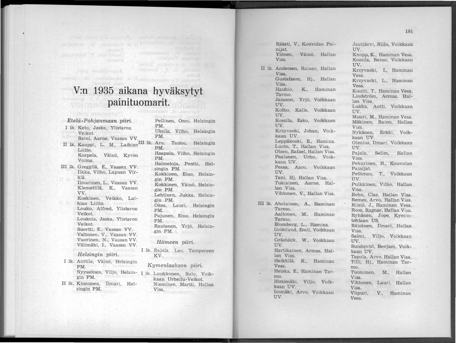 V:n 1935 aikana hyväksytyt painituomarit. Etelä-Pohjanmaan piiri. Pellinen, Onni, Helsingin I lk. Keto, Jaska, Ylistaron ~~ila', Vilho, Helsilngin Veikot. Reini Aarne, Vaasan VV. II lk. Kauppi, ' L.