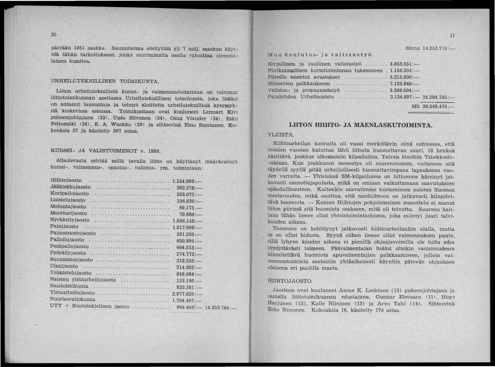 20 päivään 1951 saakka. Suunnitelma edellyttää yli 7 milj. markan käyttöä tähän tarkoitukseen, jonka suulimmalta osalta ' rahoittaa olympia lainen komitea. URHEILUTEKNILLINEN TOIMIKUNTA.