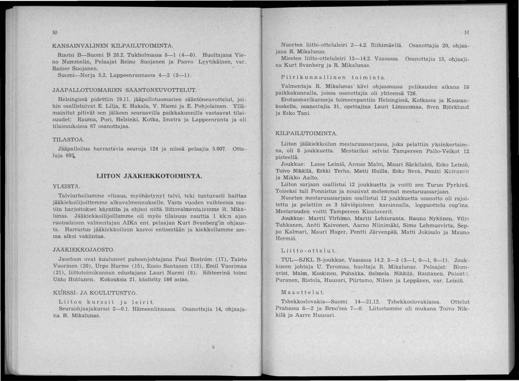 30 KANSAINVALINEN KILPAILUTOIMINTA. Ruotsi B-Suomi B 26.2. Tukholmassa 8-1 (4-0). Huoltajana Vieno Nummelin, Pelaajat Reino Suojanen ja Paavo Lyytikäinen, var_ Rainer Suojanen. Suomi-Norja 5.2. Lappeenrannassa 4-2 (3-1).