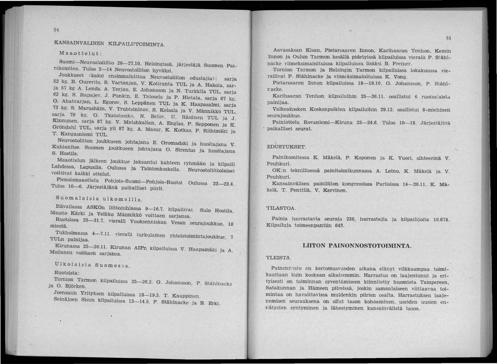 54 KANSAINVÄLINEN KILPAILUTOIMINTA. MaaoOttelut: Suomi-Neuvostoliitto 26-27.10. Helsingissä, järjestäjä Suomen Painikomitea. Tulos 2-14 Neuvostoliiton hyväksi. JoU!