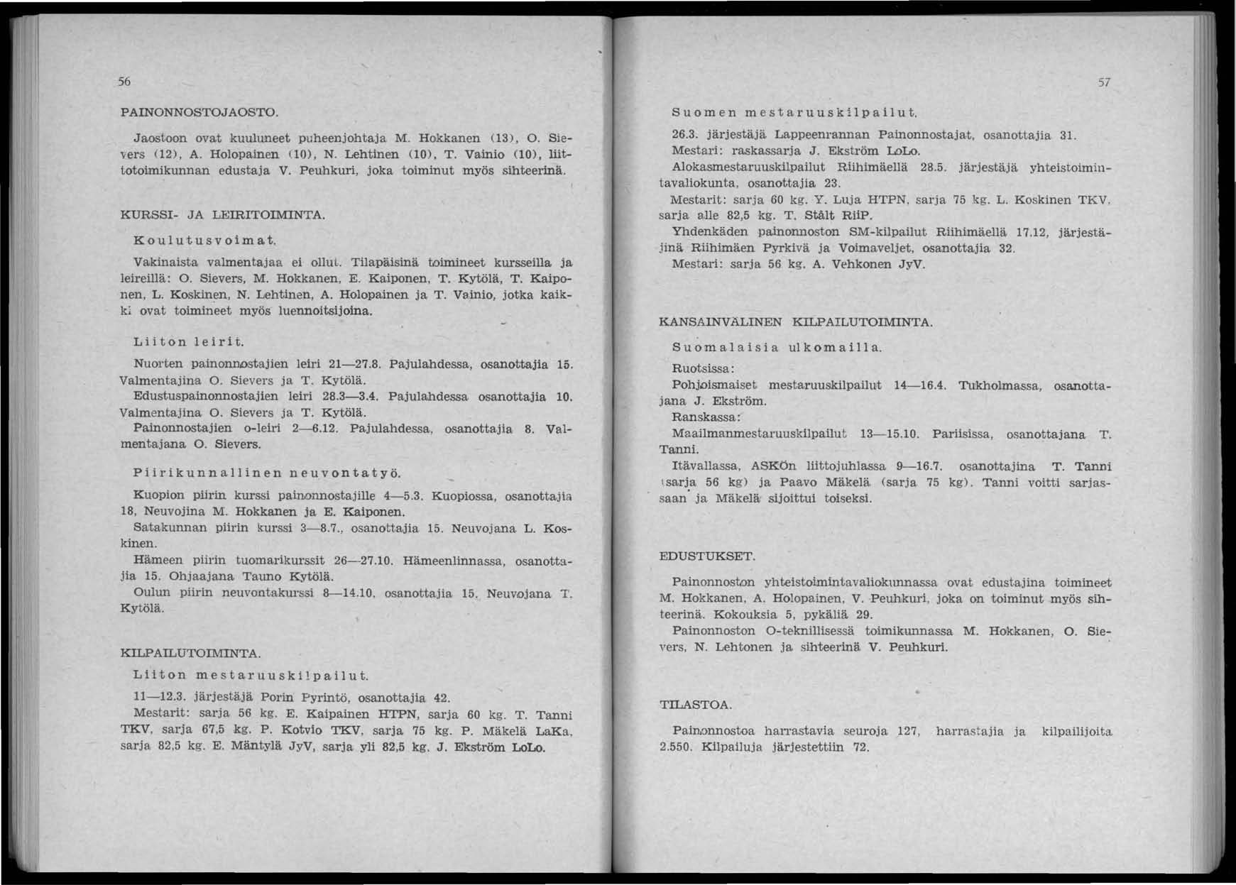 56 PAINONNOSTOJAOSTO. Jaostoon ovat kuuluneet puheenjohtaja M. Hokkanen (3), O. Sievers (2), A. Holopamen UO), N. Lehtinen (10), T. Vamio UO), liittotoimikunnan edustaja V.