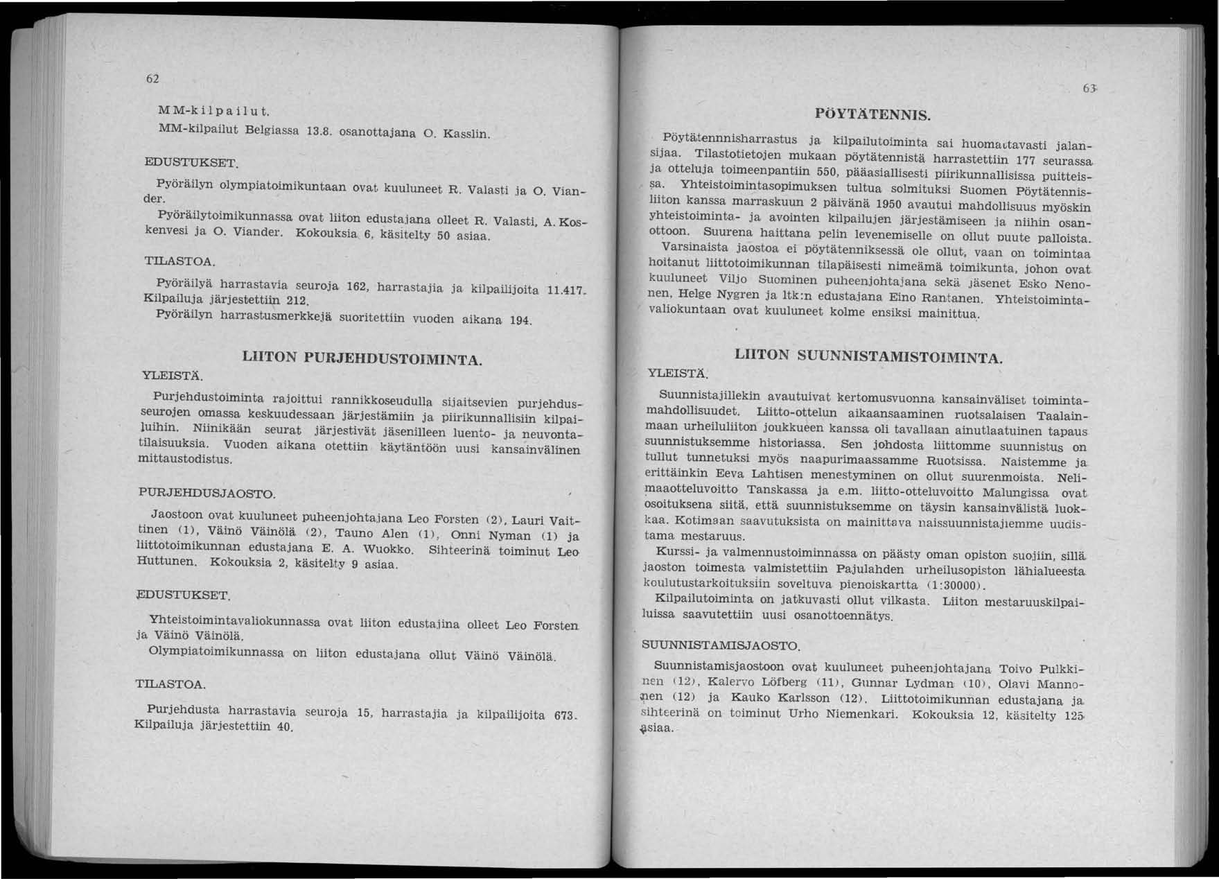 62 M M-k i 1 p a il u t. MM-kilpailut Belgiassa 13.8. osanottajana O. Kassiin. EDUSTUKSET. Pyöräilyn olympia toimikuntaan ovat. kuuluneet R. Valasti.ia O. Viander.