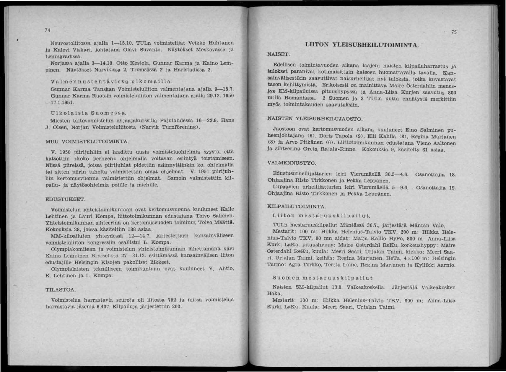 74 Neuvostoliitossa ajalla 1-15.10. TULn voimistelijat Veikko Huhtanen ja Kalevi Viskari, johtajana Olavi Suvanto. Näytökset MoskovassH ja Leningradissa. Norjassa ajalla 3-14.10. otto Kestola, Gunnar Karma ja Kaino Lempinen.
