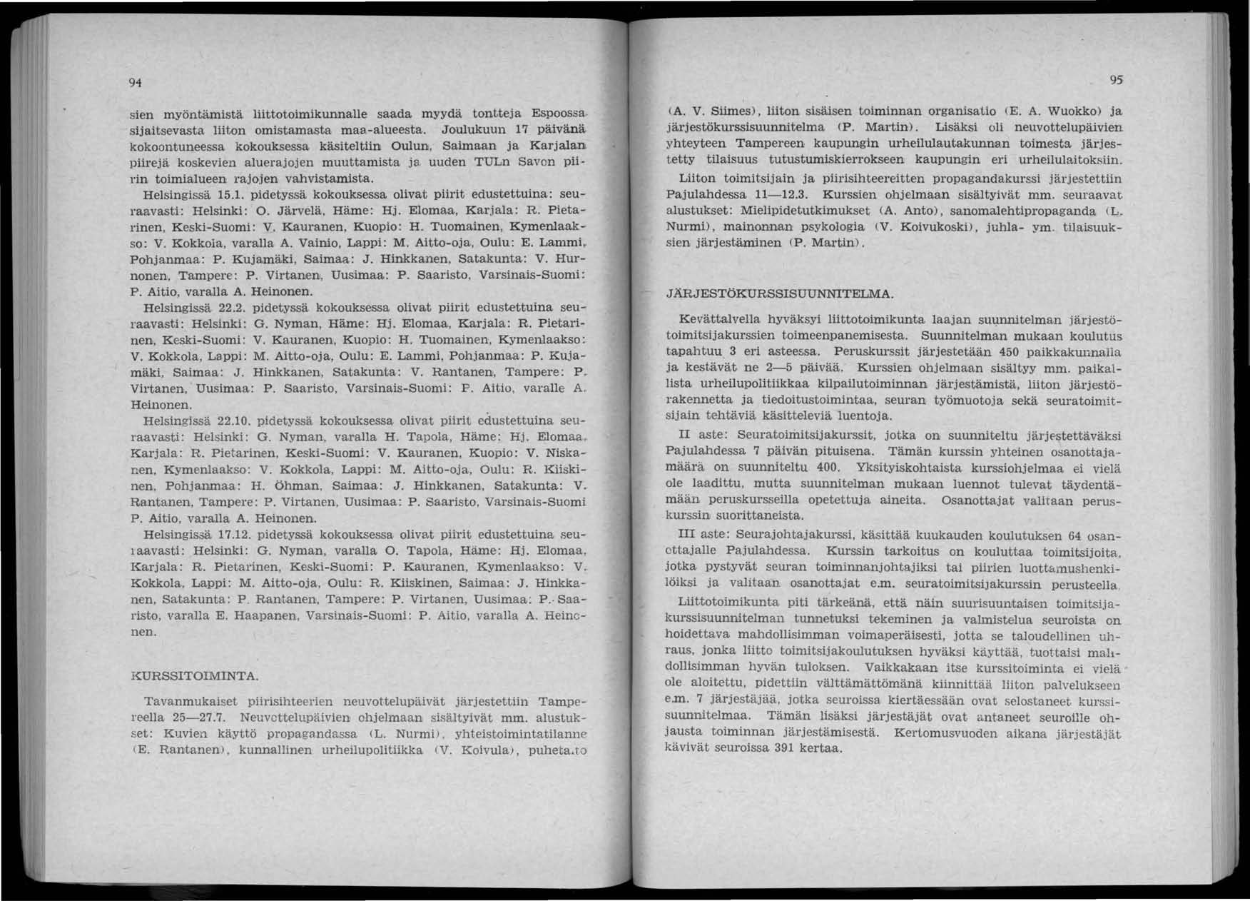 91 sien myöntämistä liittotoimikunnalle saada myydä tontteja Espoossa sijaitsevasta liiton omistamasta maa.-alueesta. Joulukuun 17 päivänä.