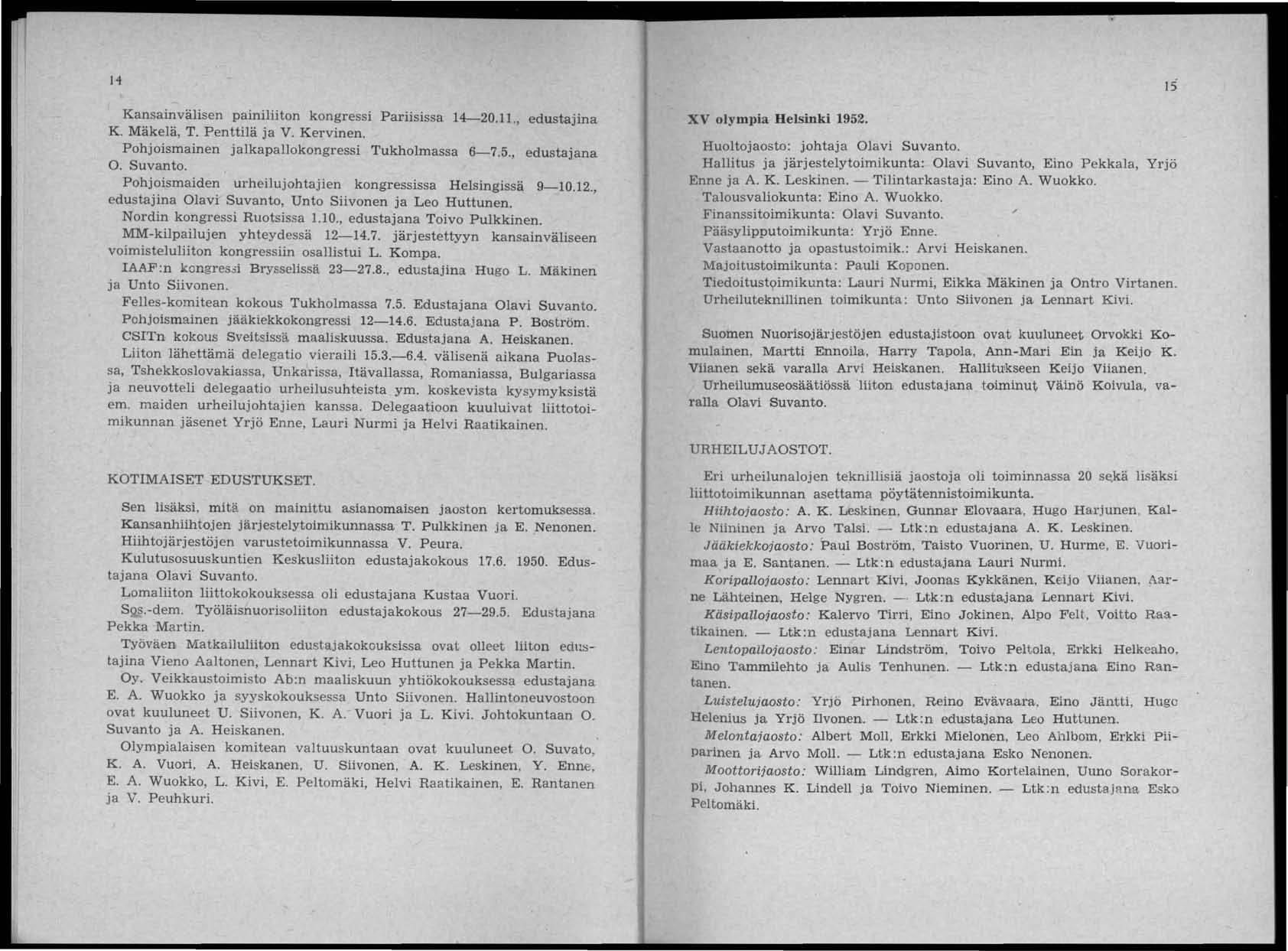 14 Kansainvälisen painiliiton kongressi Pariisissa 14-20.11., edustajina K. Mäkelä, T. Penttilä ja V. Kervinen. Pohjoismainen jalkapallokongressi Tukholmassa 6-7.5., edustajana O. Suvanto.