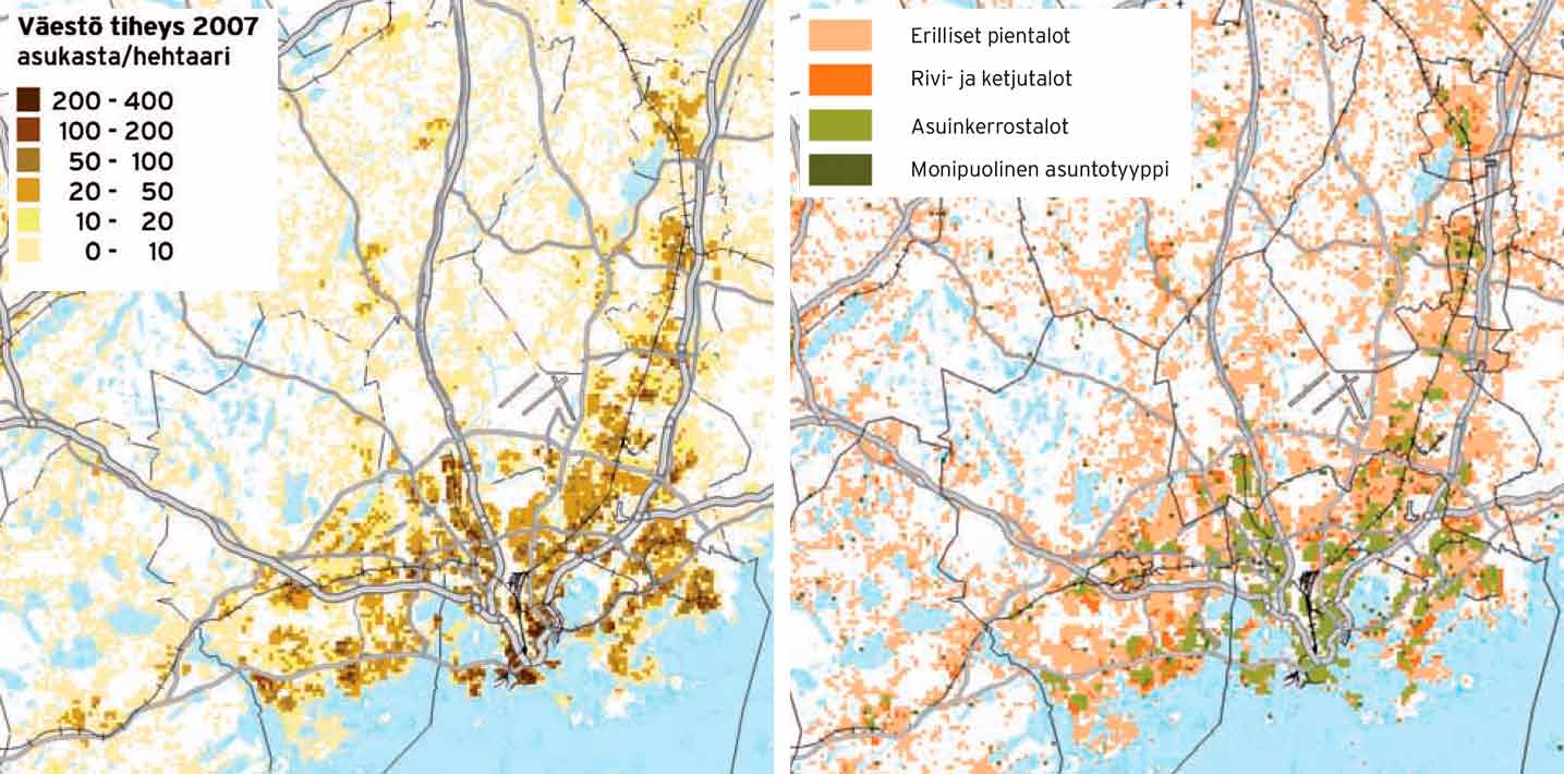 mittakaavassa tietyllä tavalla paikkansa, mikä selviää esimerkiksi tarkastelemalla YKR-kartta-aineistoa, tässä väestöntiheyttä ja asuntotyyppijakaumaa (kuva 4).