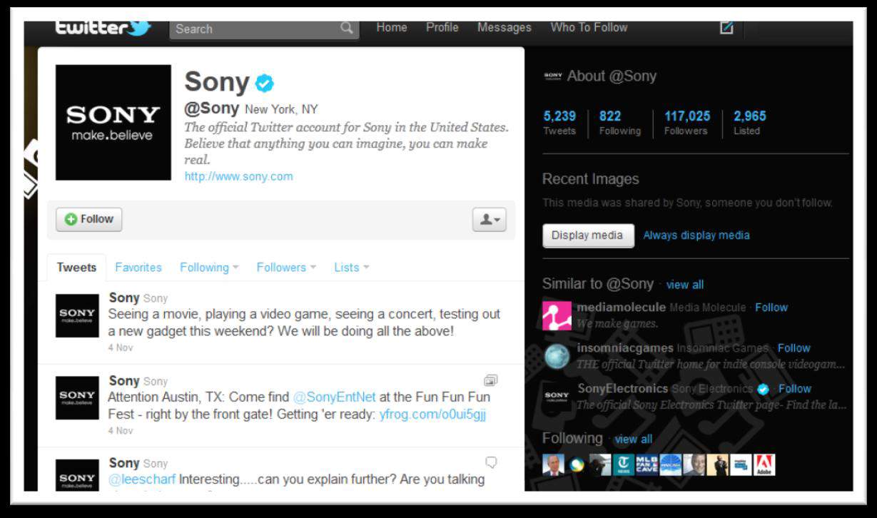 40 Kuva 6. Esimerkki Sonyn Twitter-sivusta. (Sony 2011) Mikroblogit ovat yleistyneet työpaikoilla. Niiden kautta on helppo jakaa pikaviestejä ja tilapäivityksiä nopeasti.