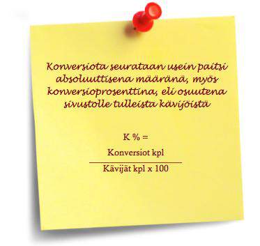 66 4) Uusien asiakkaiden määrä. Kuinka monta uutta asiakasta olet Internet-sivustosi kautta saanut kuukauden aikana? (Juslén 2009a, 348.) 5) Konversiot.