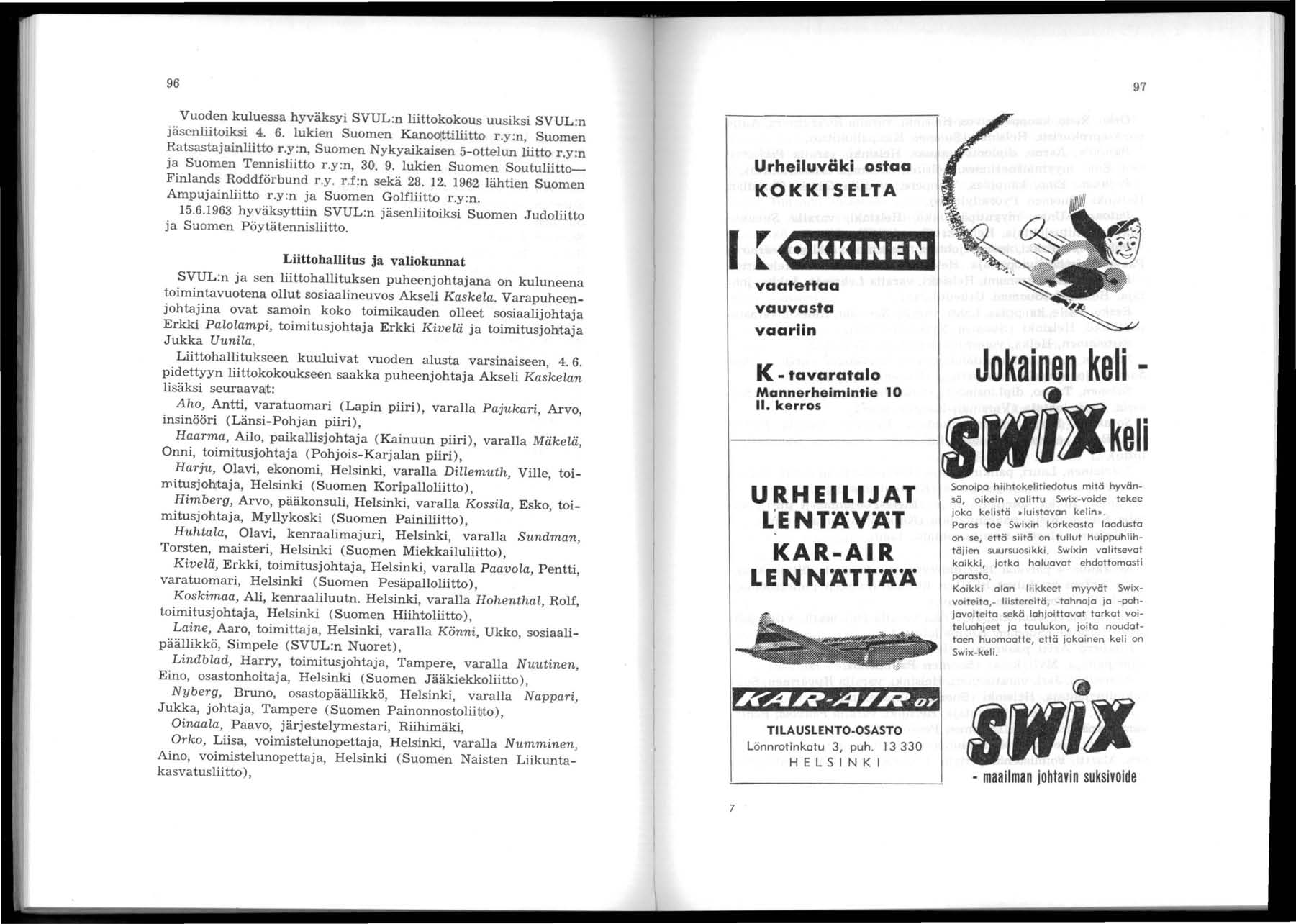 96 Vuoden kuluessa hyväksyi SVUL:n liittokokous uusiksi SVUL:n jäsenliitoiksi 4. 6. lukien Suomen KanO<J!ttiliitto r.y:n, Suomen Ratsastajainliitto r.y:n, Suomen Nykyaikaisen 5-ottelun liitto r.