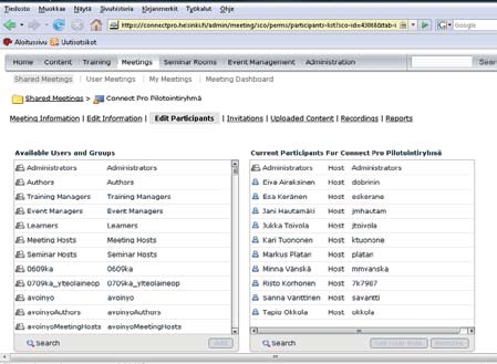 Adobe Connect Pro Kokemuksia ja käytänteitä järjestelmän pilotoinnista 2007 13 Kuva 5: Connect Pro -pilotointiryhmän verkkokokousympäristön osallistujat ja heidän osallistumisoikeutensa,