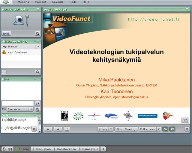 Adobe Connect Pro Kokemuksia ja käytänteitä järjestelmän pilotoinnista 2007 21 Nämä on sijoitettu verkkokokousympäristössä näkymän (layout) vasempaan alalaitaan, josta istunnon hallinnoija (Host) voi