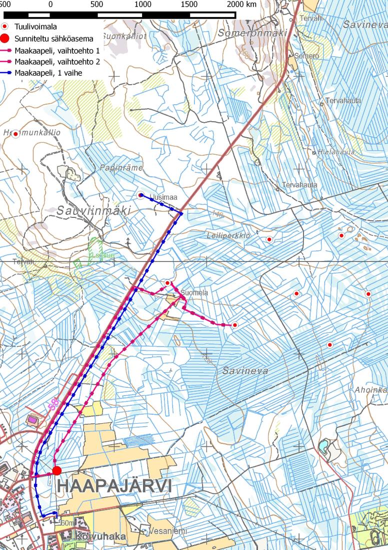 FCG SUUNNITTELU JA TEKNIIKKA OY KAAVASELOSTUS 19 (46) Kuva 8. Tuulivoimapuiston kaapelireittivaihtoehdot ja suunniteltu sähköasema.