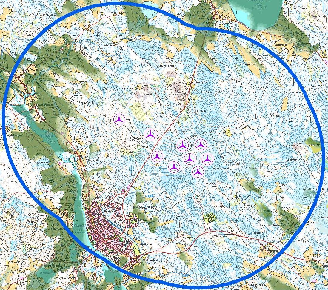 FCG SUUNNITTELU JA TEKNIIKKA OY KAAVASELOSTUS 29 (46) Näkemäalueanalyysi osoittaa, että voimalat ja niiden lentoestevalot eivät näy lähimmän asutuksen (1,7 km) luona.