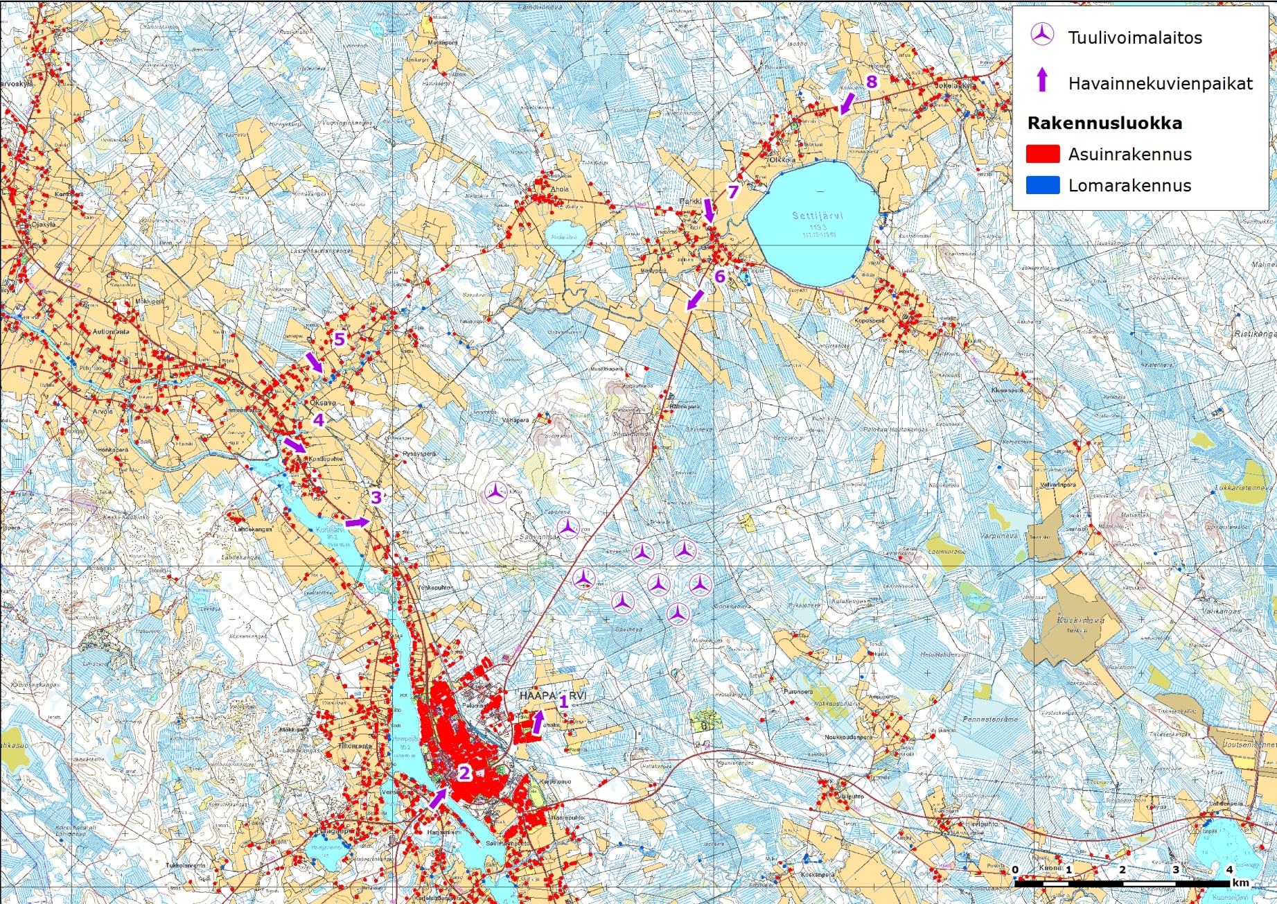 FCG SUUNNITTELU JA TEKNIIKKA OY KAAVASELOSTUS 31 (46) Kuva 13. Kuvauspaikka 3, Vehkapuhdon luoteispuolelta Haapajärven keskustaan päin. Etäisyys 3 km lähimmästä voimalasta.